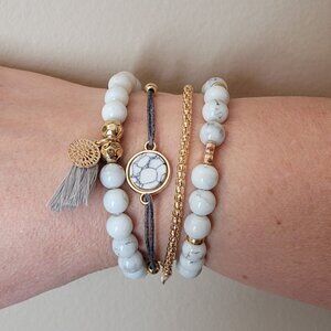 Bohemian White Beaded Bracelet Set - 4 Bracelets with Tassel and Grey Medallion